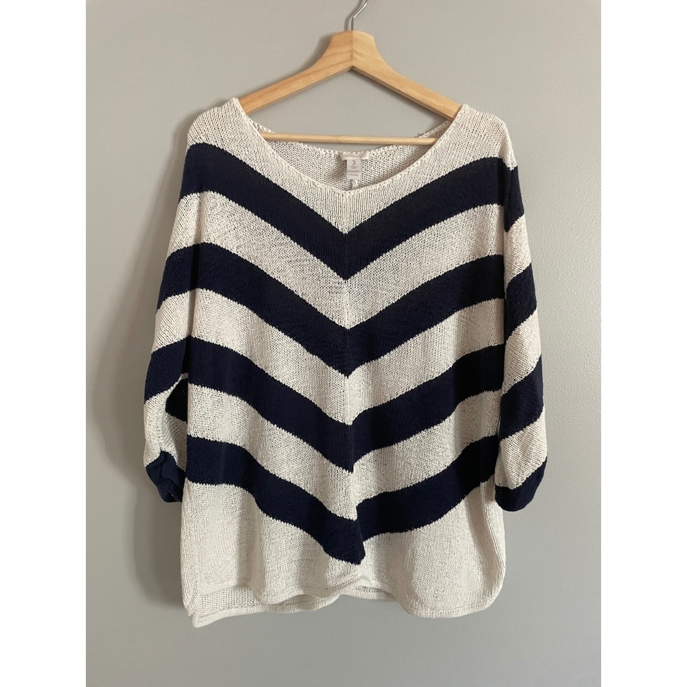 Chico's Chevron Stripe Sweater Womens 3 XL Blue White Roll Tab Dolman Nautical